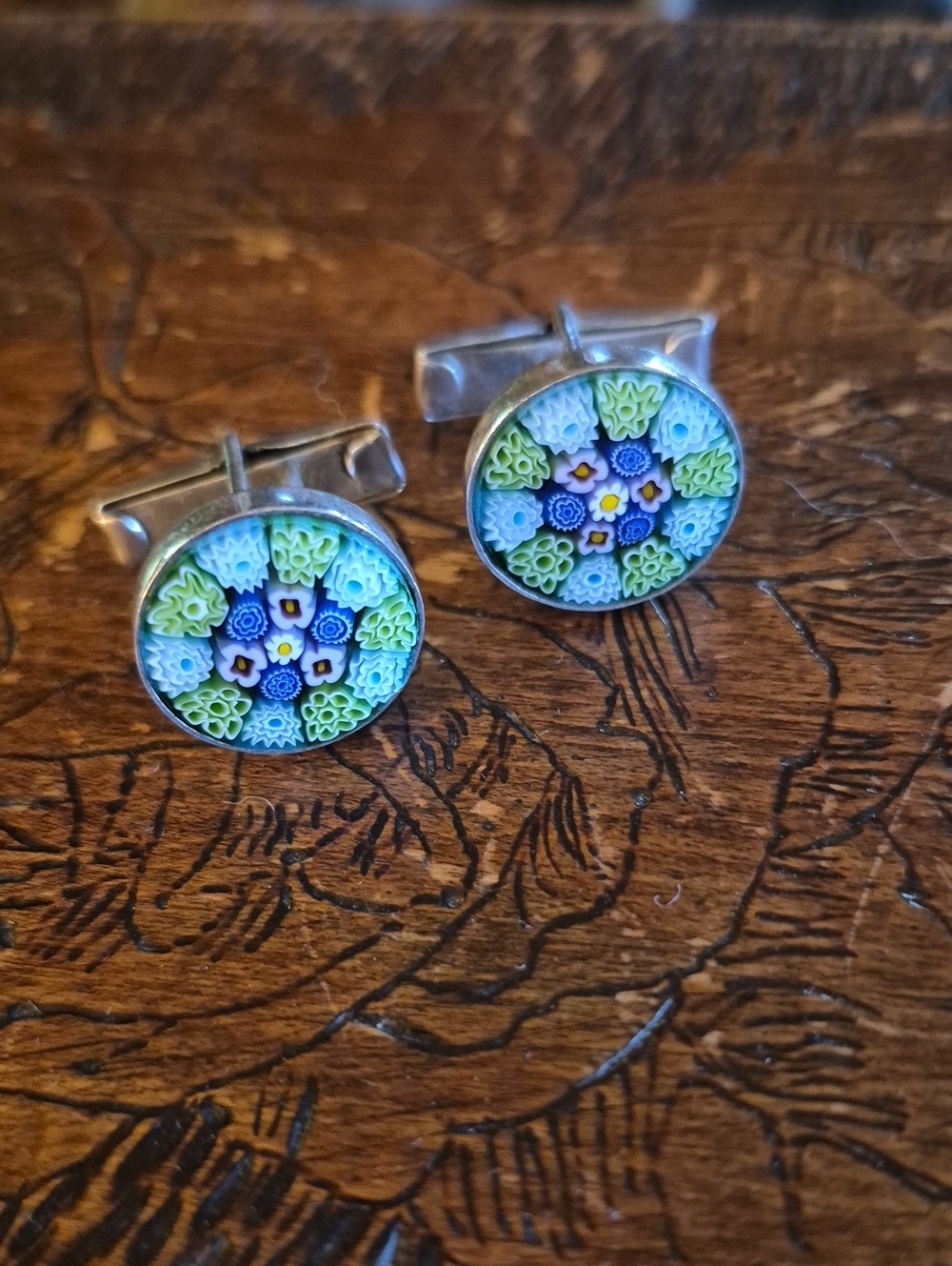 Sterling Murano Mosaic Glass Cufflinks in Blue & Green